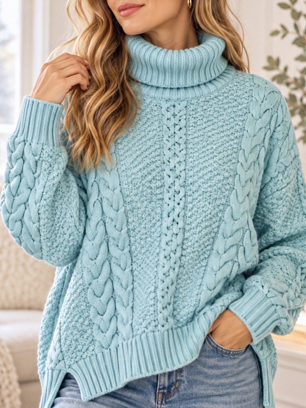 a.n.a. A New Approach Blue Cable Knit Turtleneck Sweater Small Oversized Cozy